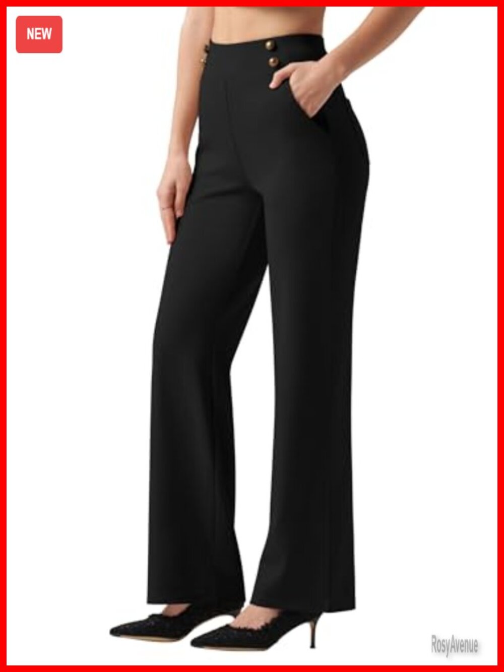 Wide Leg High Waisted Dress Pants Stretch Pull On Work Slacks w Pockets